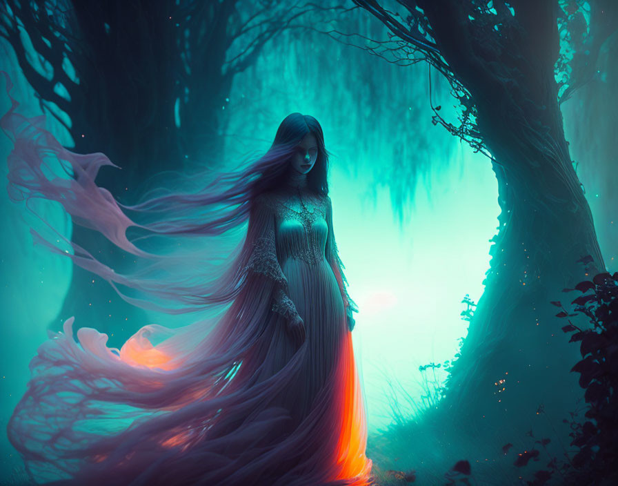 Mystical woman in long dress in surreal blue forest with red light