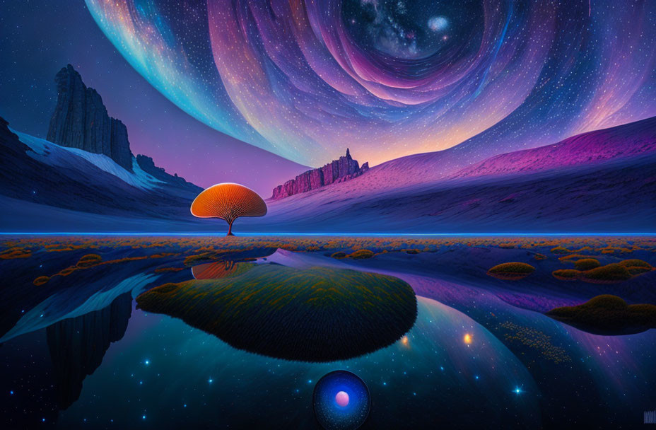 Vibrant surreal landscape with tree on island, swirling galaxy sky, and mountains