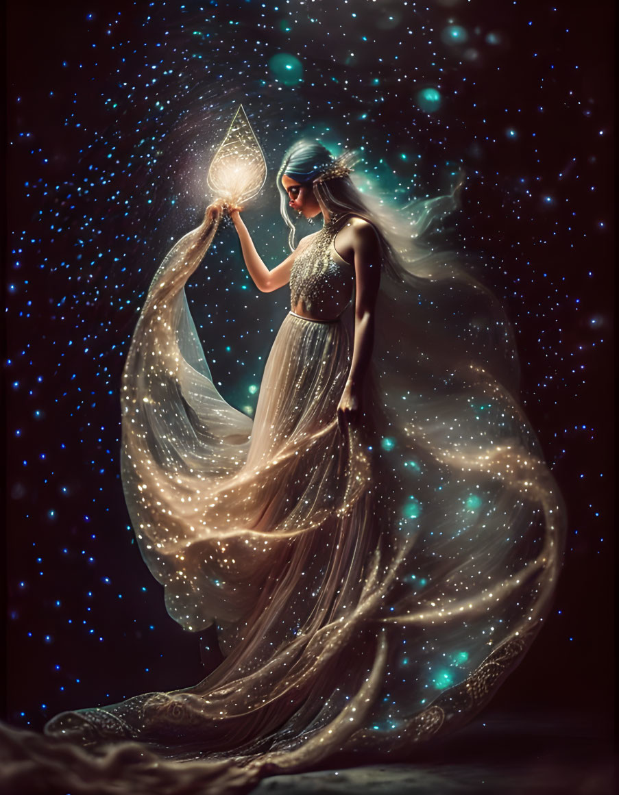 Woman in flowing star-adorned dress gazes at luminous water drop in cosmic scene