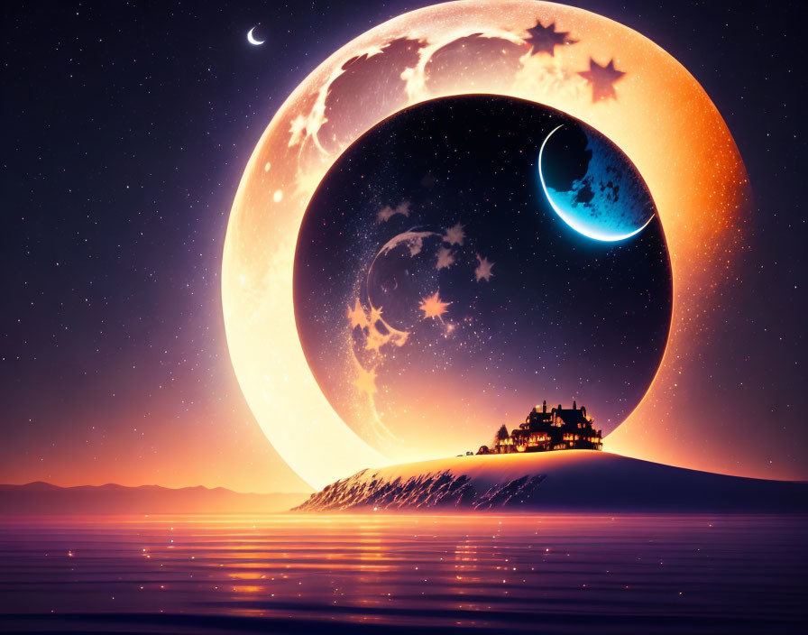 Surreal landscape with crescent moon, stars, blue planet, castle on snowy hill, calm