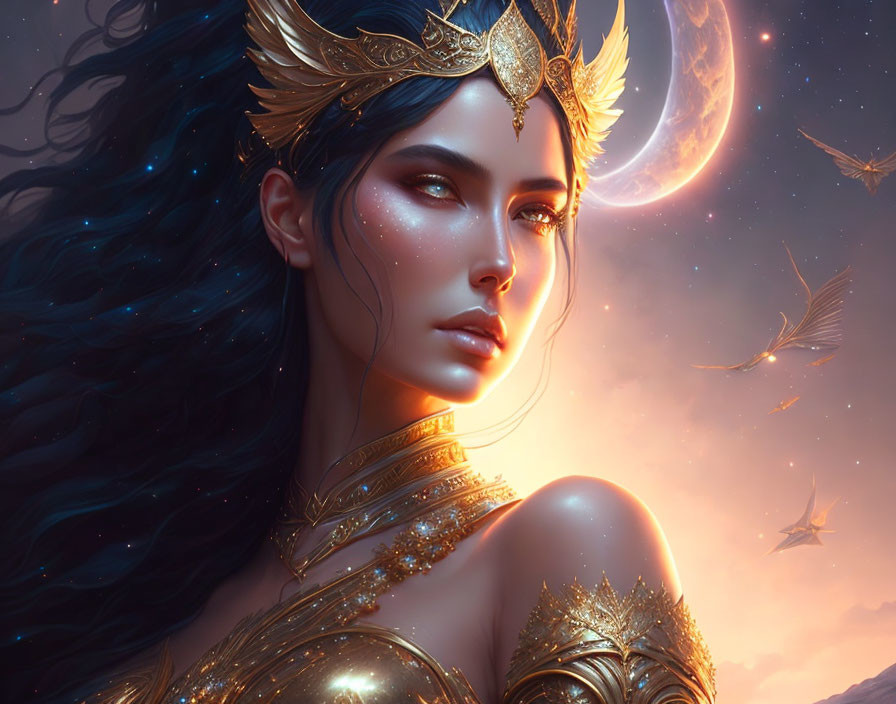 Fantasy woman digital art portrait with gold armor under crescent moon