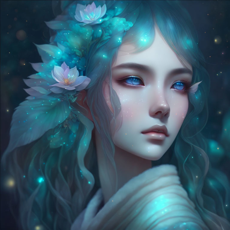 Digital Artwork: Mystical Woman with Blue Hair and Glowing Flowers