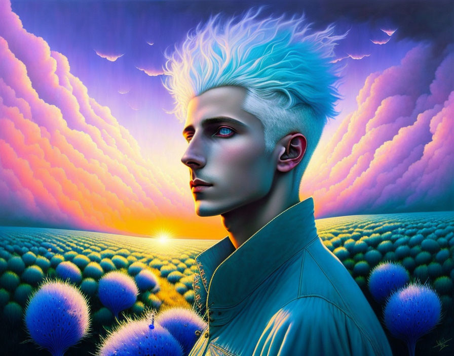 Digital art portrait with blue hair against surreal sunset & spherical plants