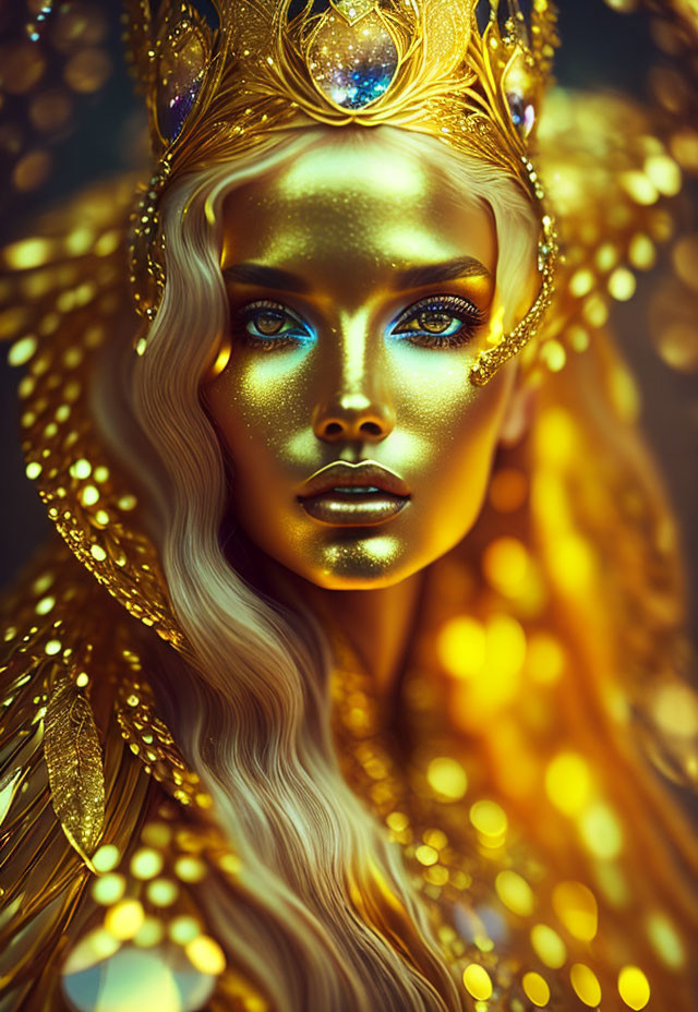 Woman with golden makeup and gem crown, blue eyes, and long blond hair.