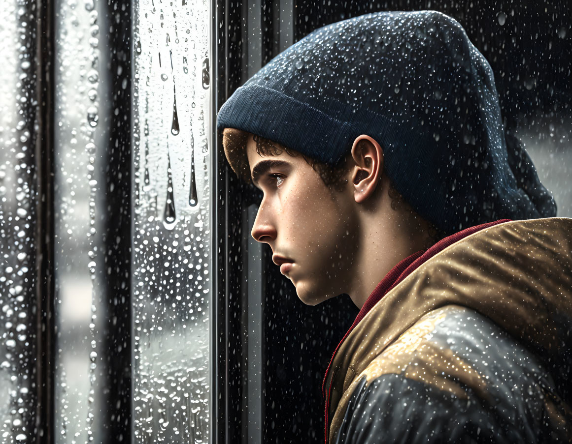 Young person in beanie gazes out rain-spattered window