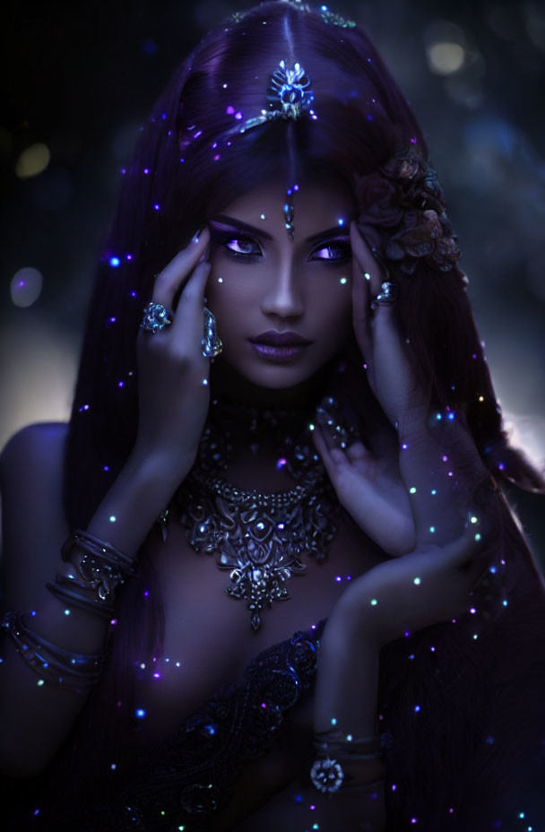 Mystical woman with purple hair and silver jewelry in bokeh-lit setting