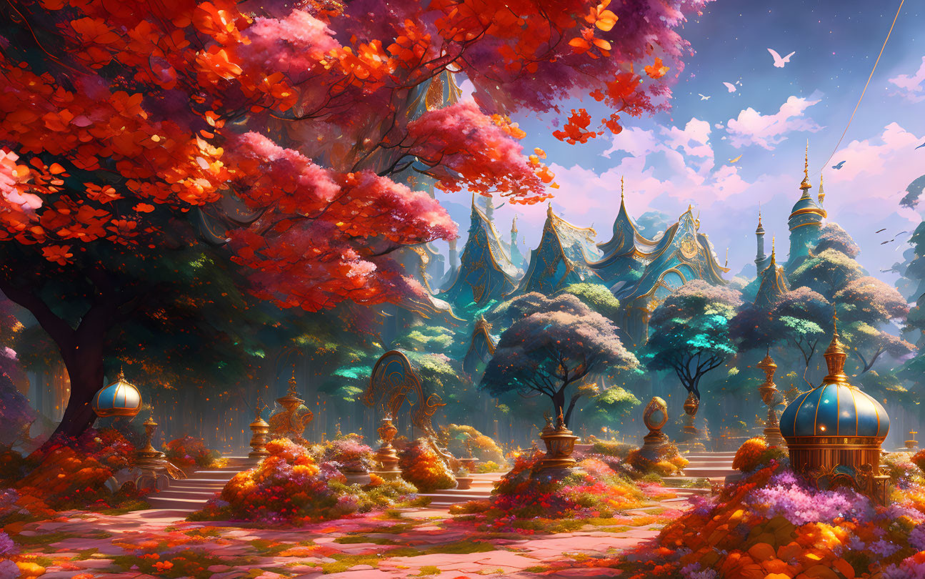 Colorful Fantasy Landscape with Cobblestone Pathway and Ornate Buildings