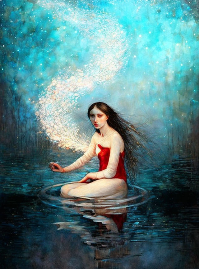 Woman in Red Dress Emerging from Water with Extended Hand in Luminous Blue Ripples