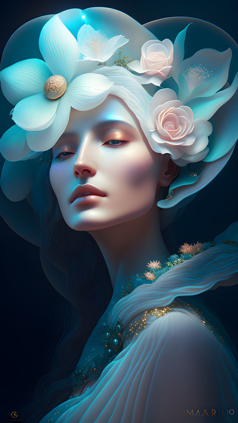 Pale-skinned woman with white flowers and blue accents in her hair in serene illustration