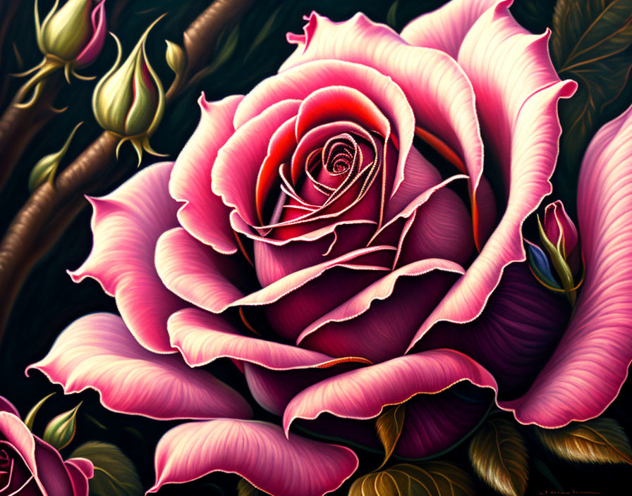 Detailed Pink Rose Illustration on Dark Background