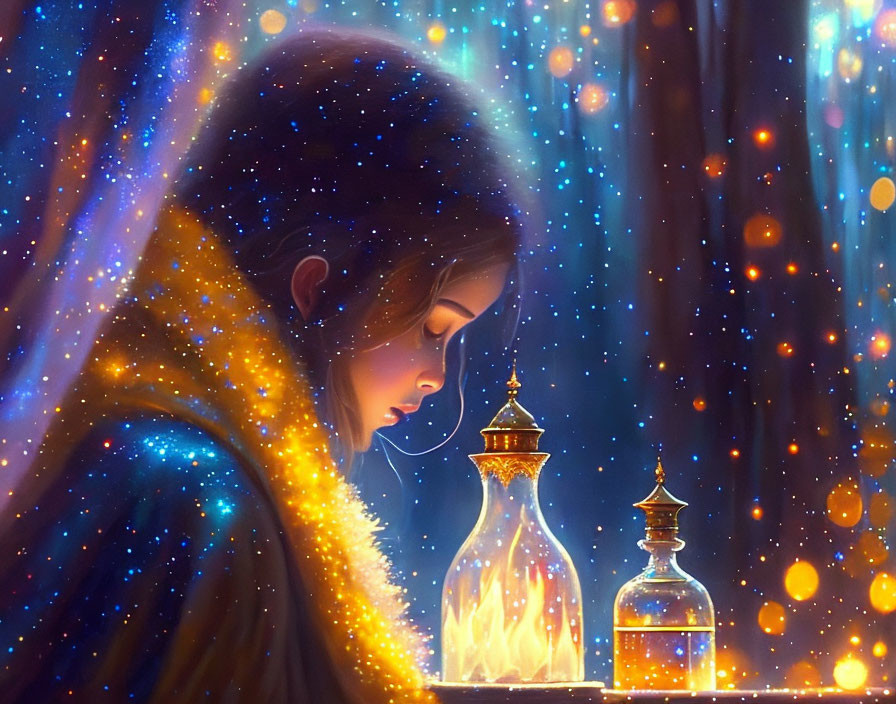 Serene woman in golden shawl with glowing lantern and magical lights