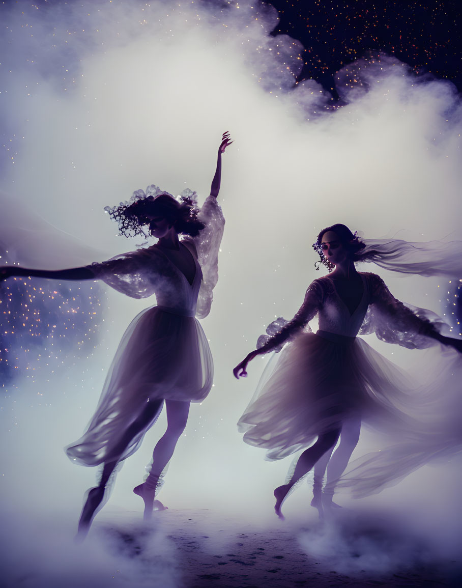 Ethereal dancers in flowing dresses amid dreamy backdrop