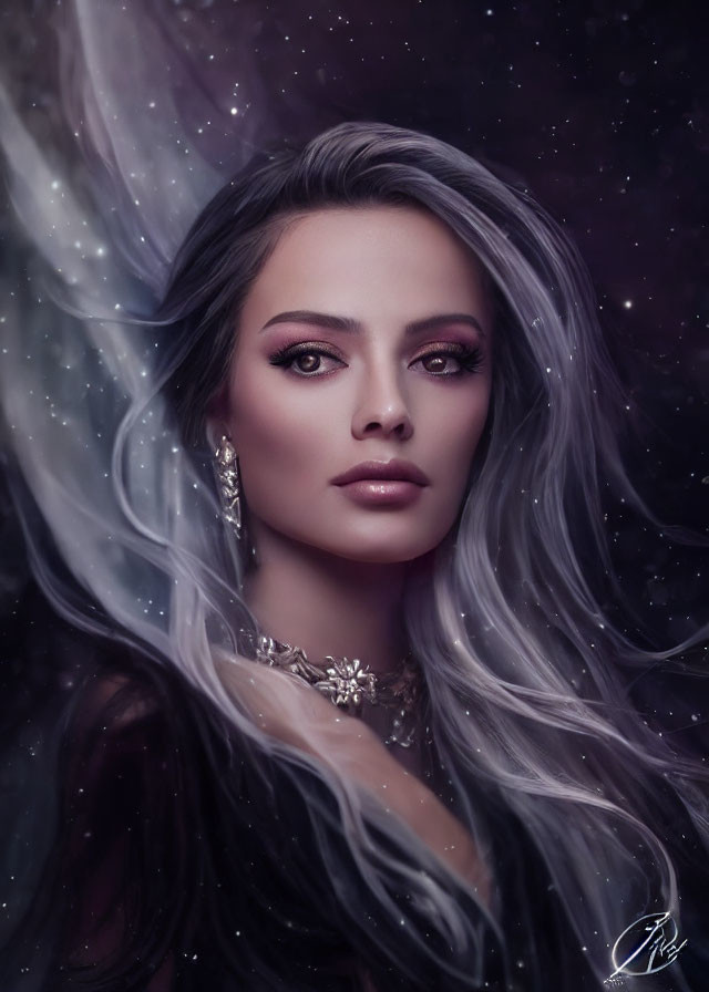 Silvery-haired woman with striking makeup in cosmic backdrop