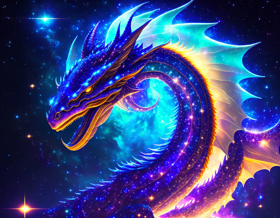 Mythical dragon digital artwork with blue and golden scales