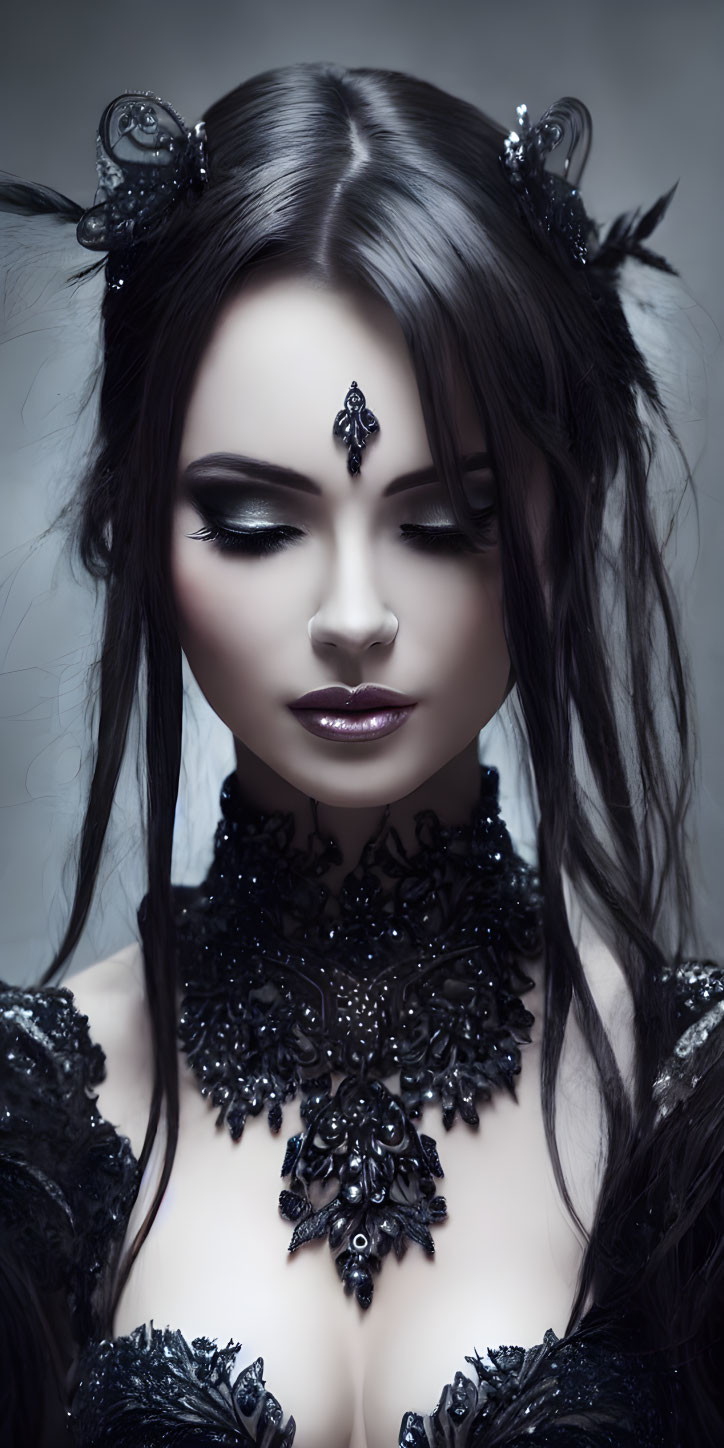 Dark Makeup Woman with Gothic Black Accessories and Crystal Ornaments