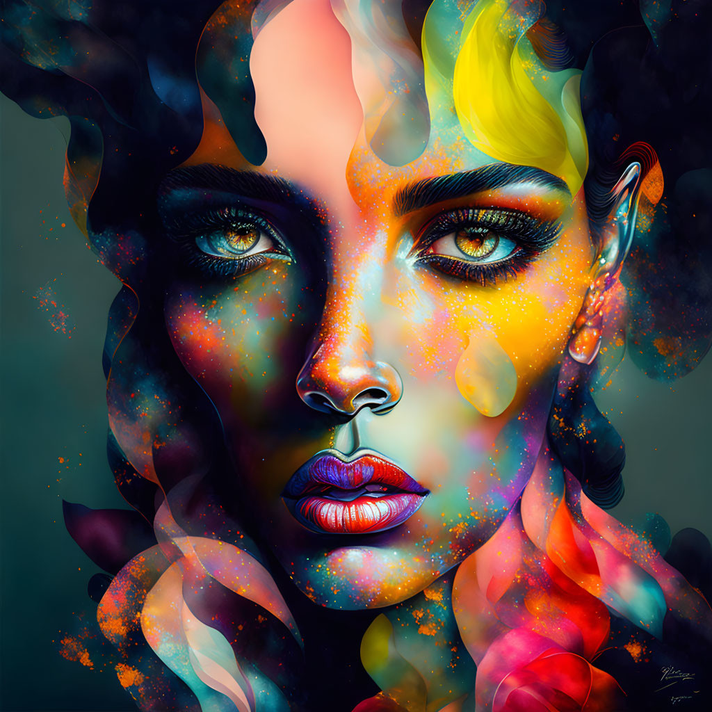 Colorful digital portrait of a woman with cosmic nebulae-inspired multicolored splashes.