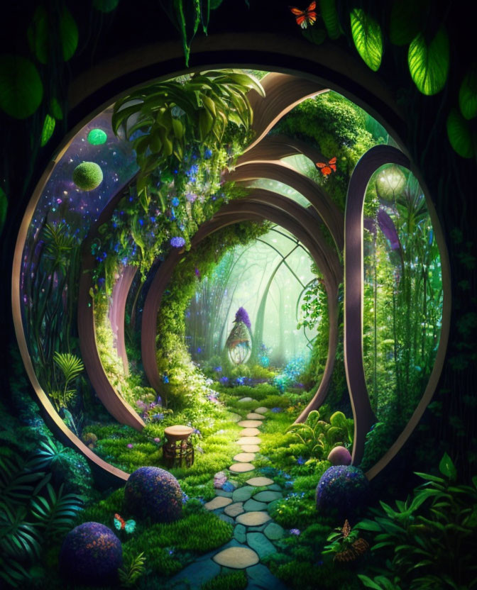 Enchanting forest scene with glowing plants and butterfly in circular tree arches