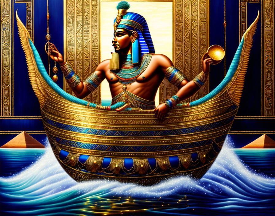 Colorful Pharaoh Illustration on Golden Boat with Hieroglyphs