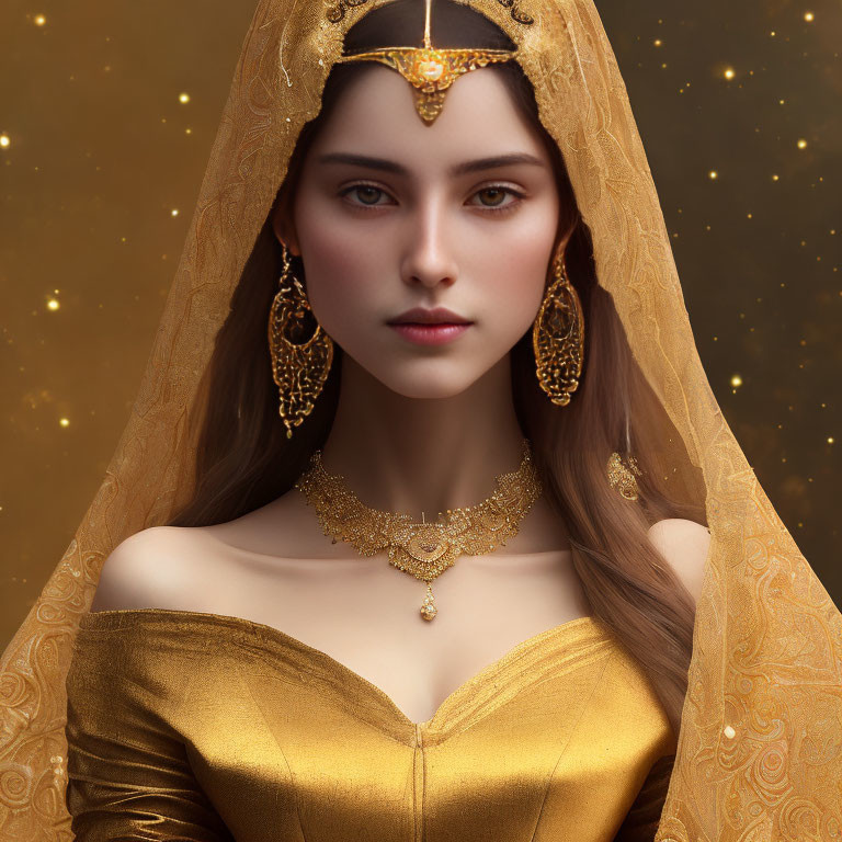 Golden jewelry-clad woman in veil under starry sky