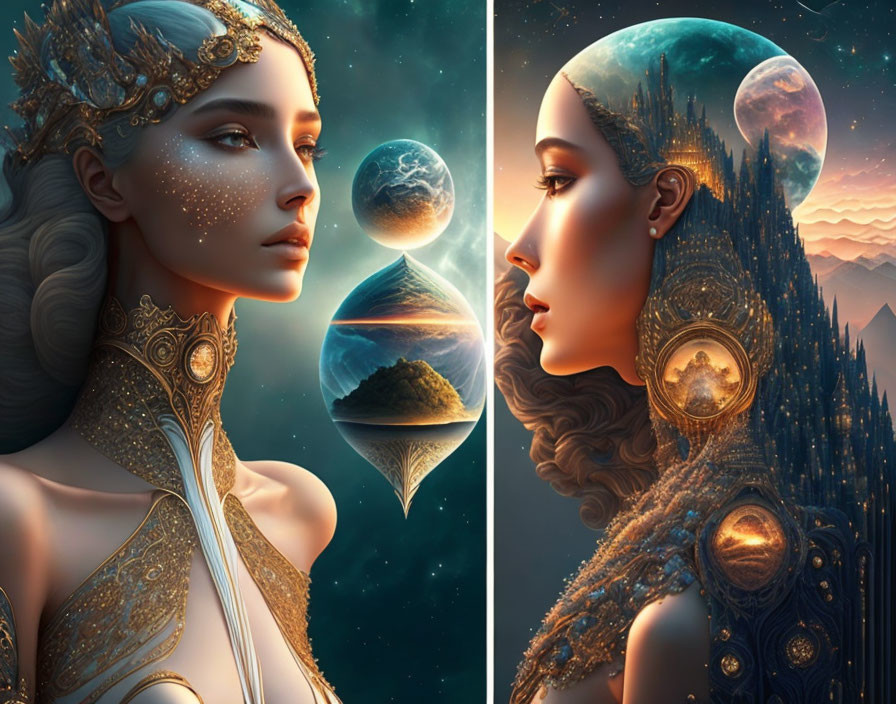 Cosmic-themed portraits of a woman with elaborate headdresses