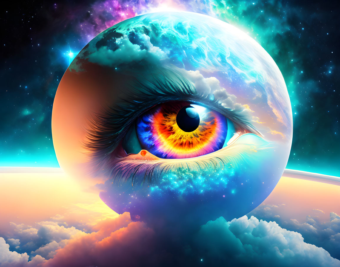 Colorful Digital Artwork: Human Eye on Planet Background