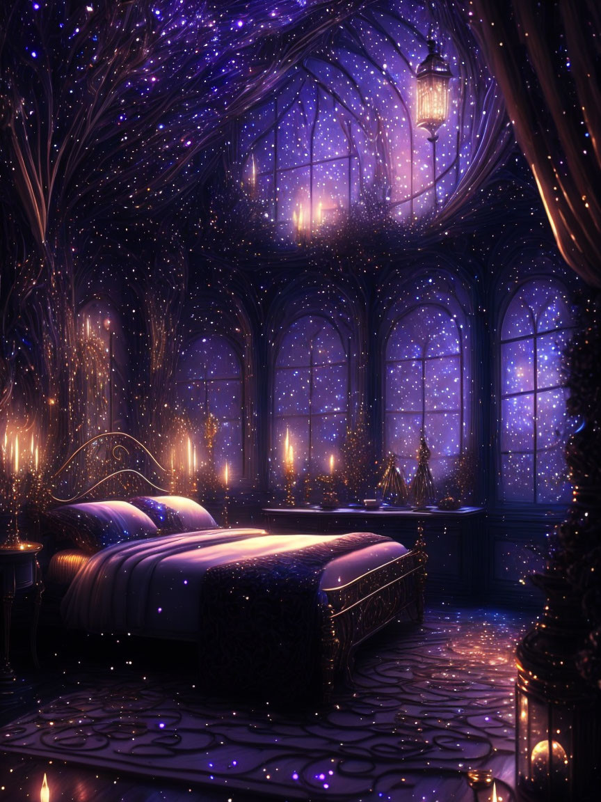 Mystical bedroom with canopy bed, large windows, twinkling lights, lanterns in serene purple