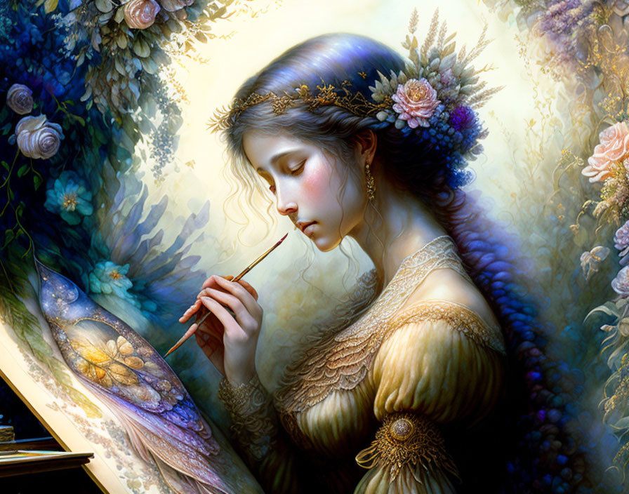 Woman painting luminous butterfly surrounded by floral blooms