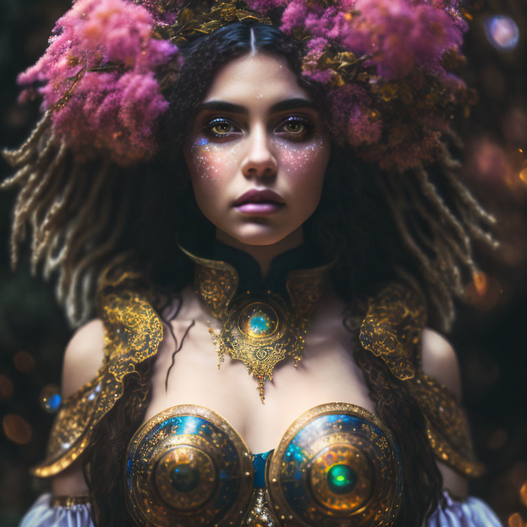 Ornate Headpiece Woman in Intense Gaze surrounded by Soft Tones