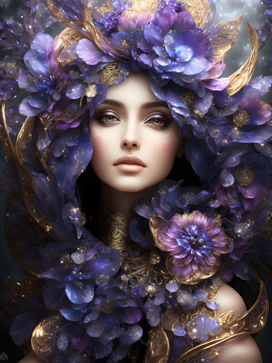 Portrait of woman with lavish headdress & iridescent blue flower garments