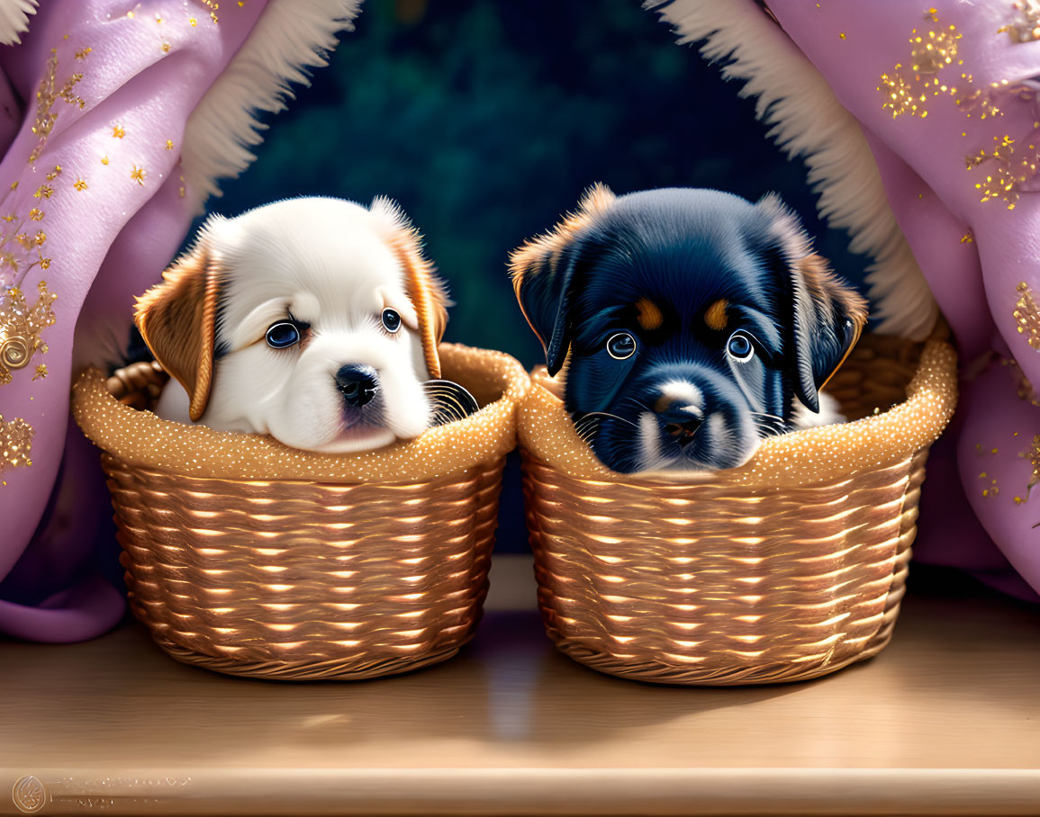 Two Cute Puppies in Woven Baskets: White with Brown Patches and Black with White Stripe