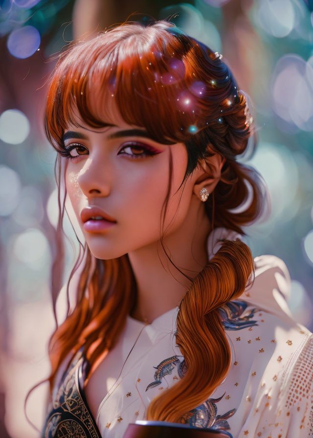 Portrait of woman with auburn hair in braid and embroidered top with bokeh background