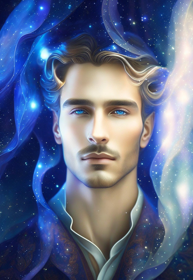 Illustrated portrait of a man with blue eyes and wavy hair in cosmic, star-filled aura