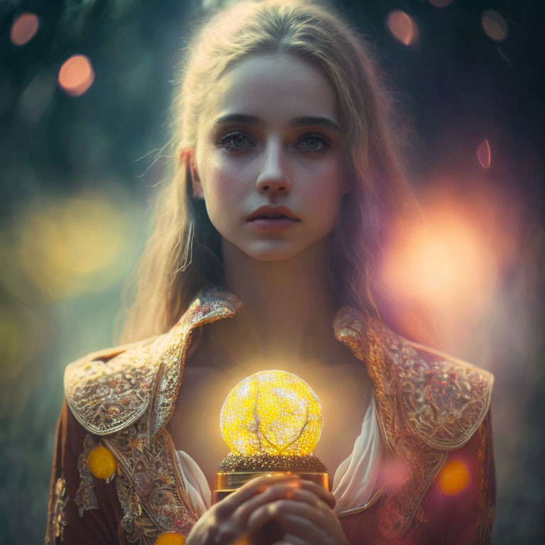 Light-haired person holding glowing orb in ornate gold garment against dreamy backdrop