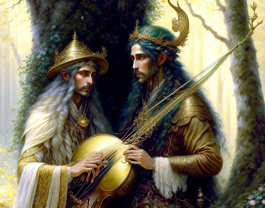 Elegant elves in sunlit forest with lute, golden attire, and antler-like crowns