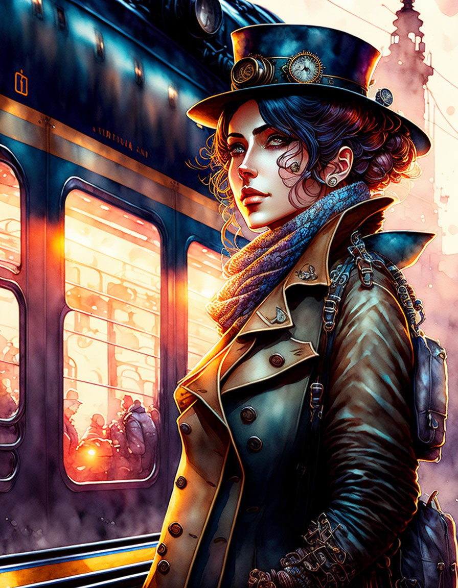 Steampunk-themed woman with top hat near train in warm light