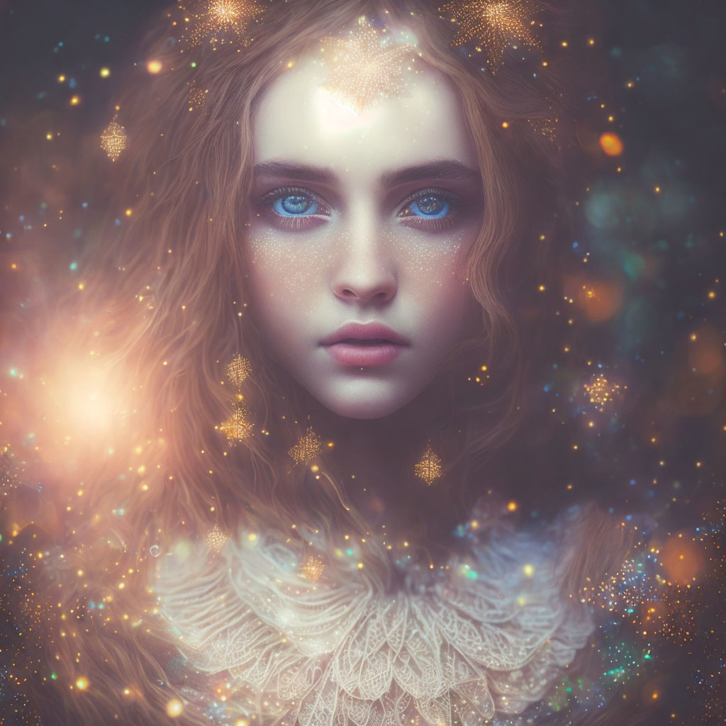 Portrait of woman with blue eyes in cosmic light and golden particles