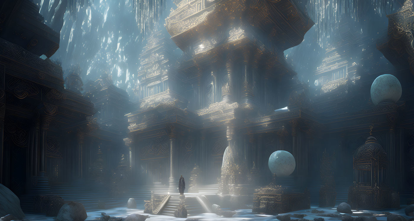 Ancient temple with tall pillars and icy blue light