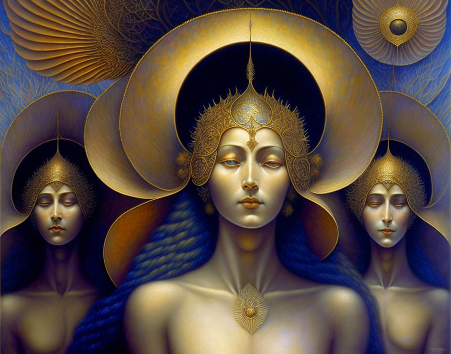 Stylized painting of central figure with golden halo flanked by two similar figures on blue background.