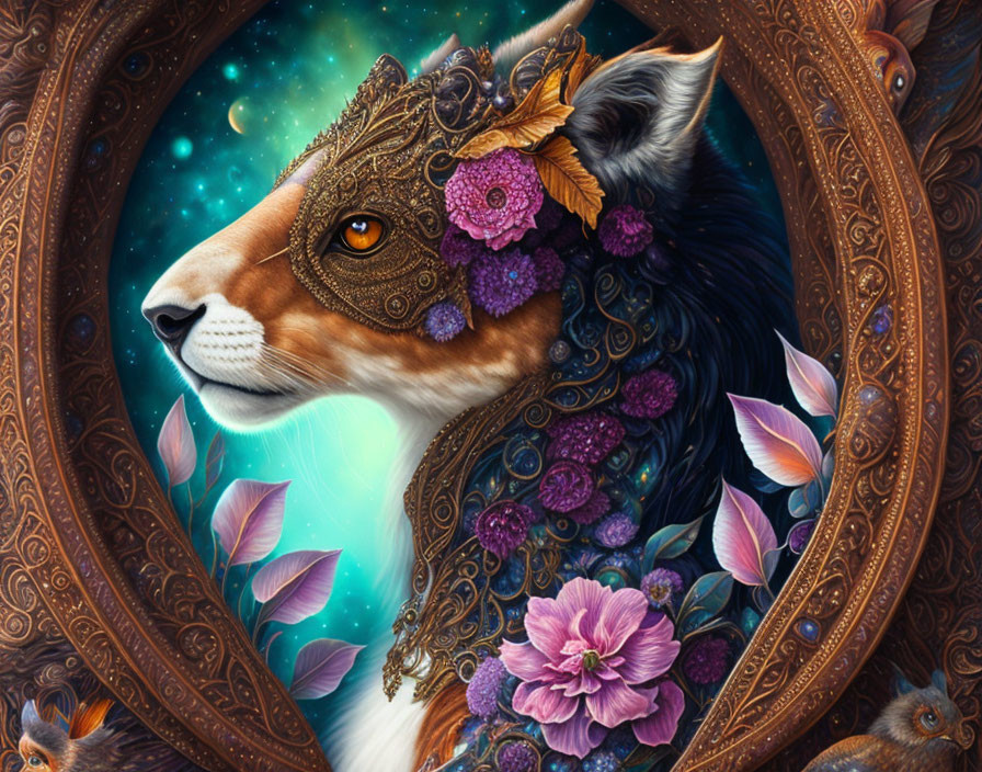 Majestic fox with floral crown and ornate mask in oval frame with squirrel figures