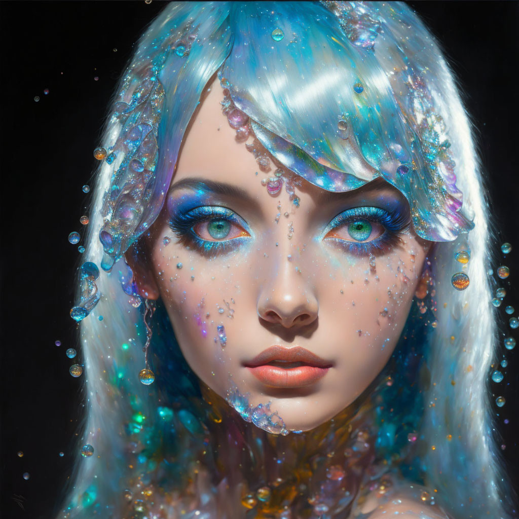 Digital artwork: Woman with blue eyes, iridescent makeup, silver hair, beads, sequins