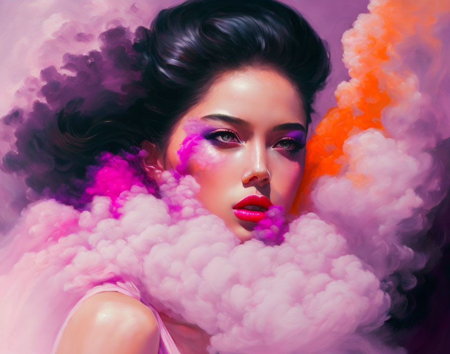 Bold Makeup Woman in Dreamy Pink and Orange Cloud