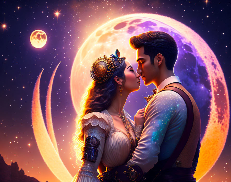 Illustration of couple kissing in cosmic setting