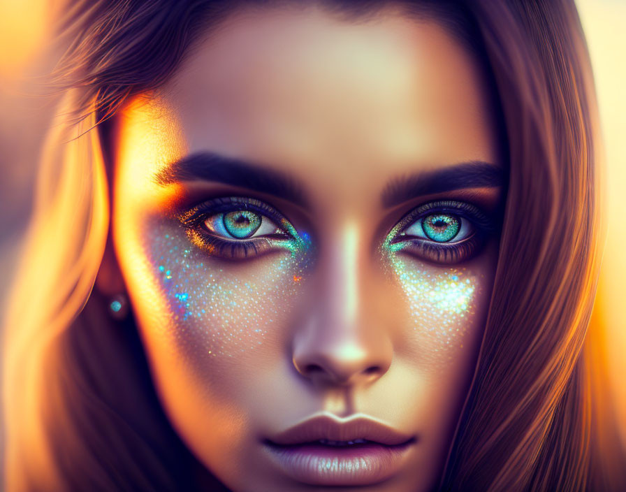 Woman with Striking Blue Eyes and Glittery Starry Night Makeup