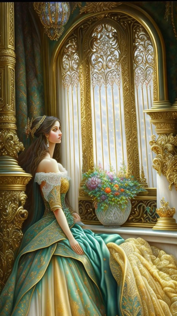 Luxurious golden gown woman by ornate window in elegant room