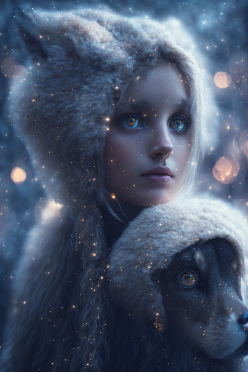 Woman with blue eyes in furry hood with dog in snowy scene