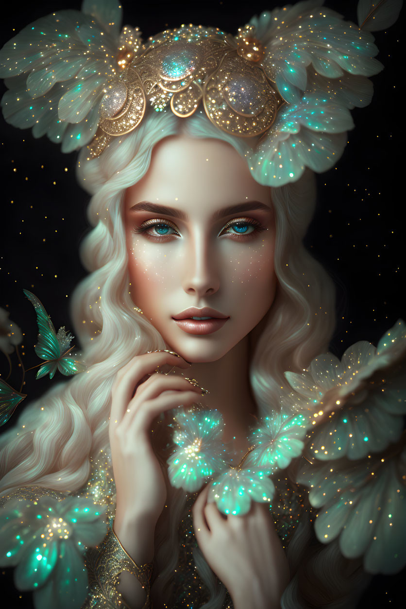 Fantastical portrait of woman with pale skin, wavy white hair, gold decorations, blue eyes