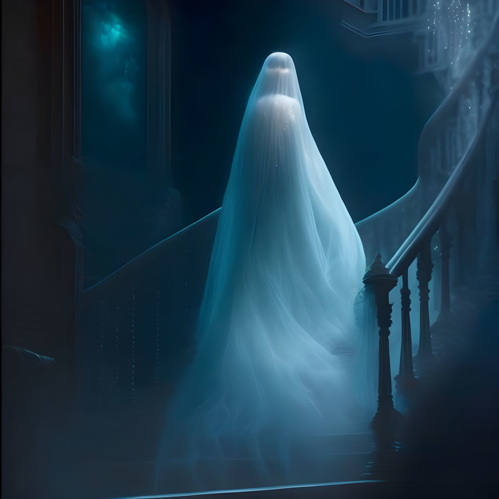 Eerie spectral figure on dimly lit staircase with blue glow