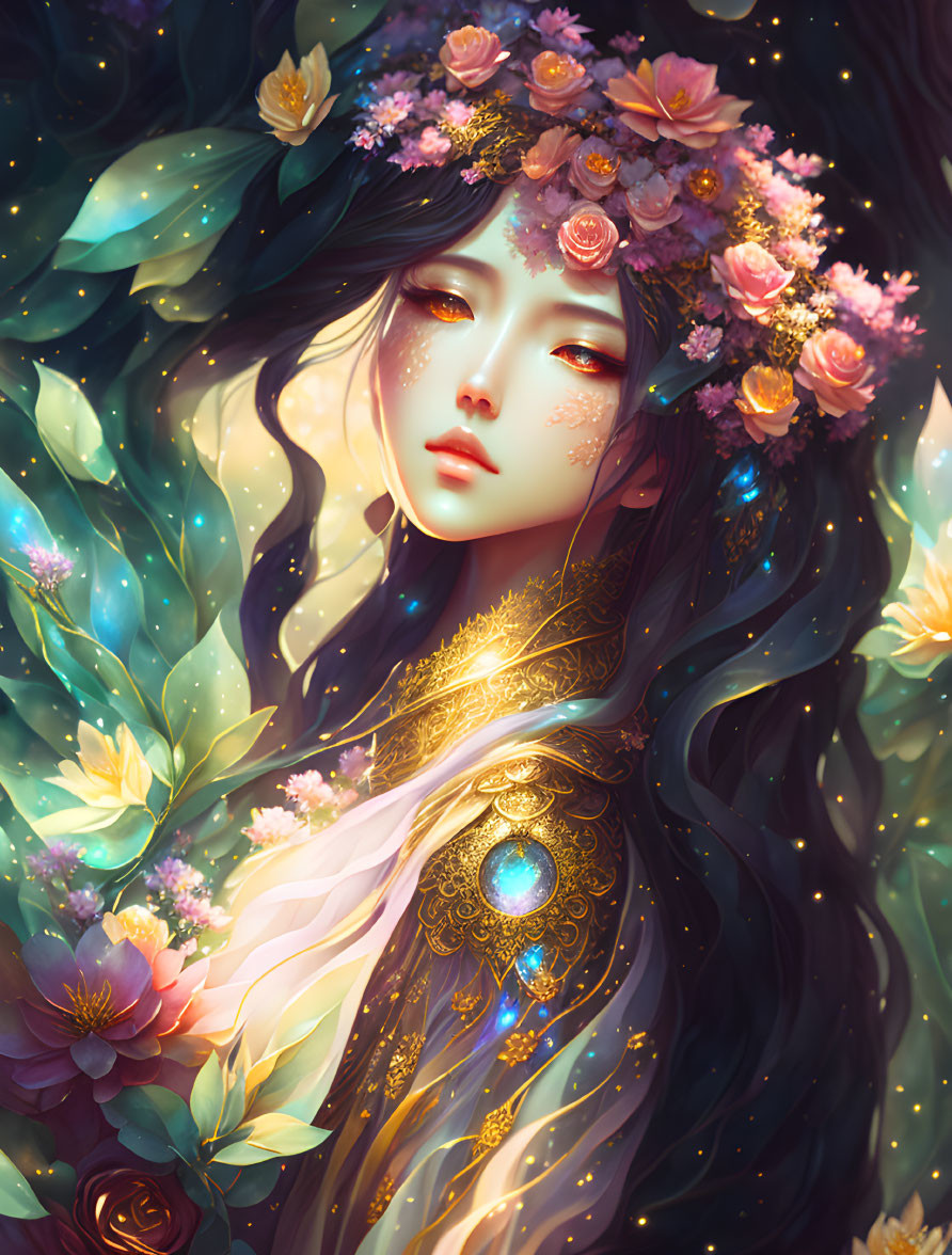 Ethereal woman with floral crown and gold accents in luminous floral backdrop