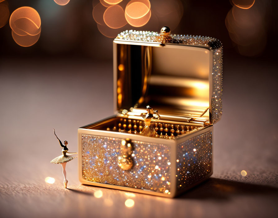 Miniature ballerina figurine with open jewelry box and bokeh lights