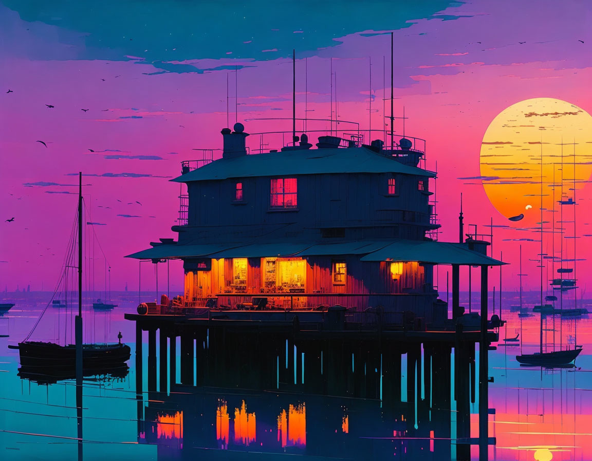 Purple Skies and Glowing Moon Over Pier Building